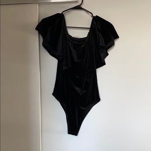 Velvet off the shoulder ruffle bodysuit